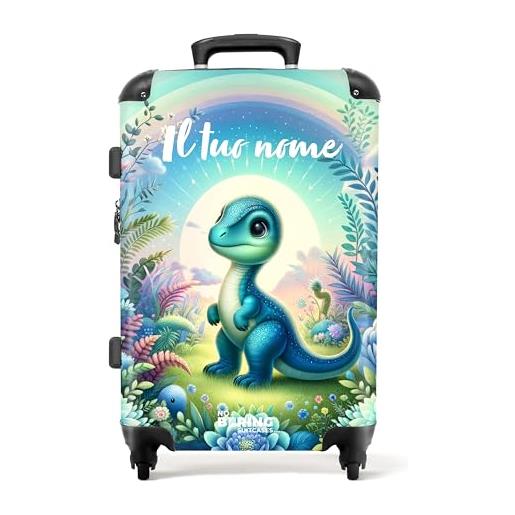 NoBoringSuitcases.com © valigia per bambini valigia per bambini valigia da viaggio bagaglio per bambini a 4 ruote, serratura tsa (personalizzato: dinosauro blu con fiori), (valigia media 67x43x25 cm)