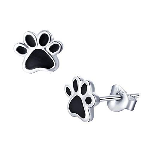 CLEVER SCHMUCK orecchini a forma di zampa di cane, 7 mm, in argento sterling 925, laccato, colore: nero, lucido, zirconia cubica