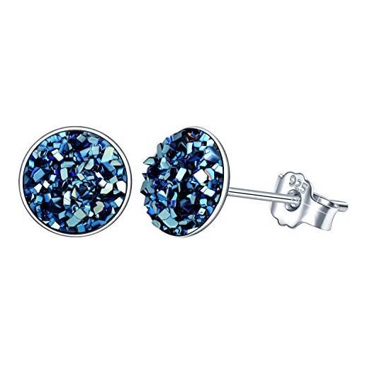 Yumilok - orecchini da donna in argento sterling 925, rotondi, con cristalli, 8 mm, blu, nero, bianco, set di gioielli per ragazze, argento sterling zirconia cubica