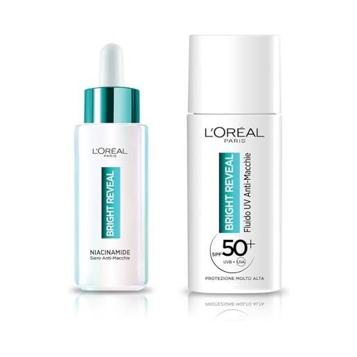 L'Oréal Paris kit routine viso composto da siero anti-macchie bright reveal e fluido uv anti-macchie spf 50+ bright reveal, 2x 50 ml