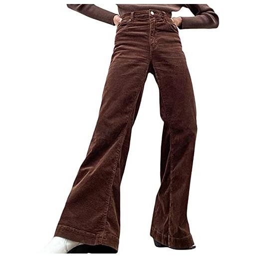 BriskyM pantalone svasato in velluto a coste da donna vintage solido a vita alta con bottoni a gamba larga pantaloni lunghi y2k streetwear (marrone, l)