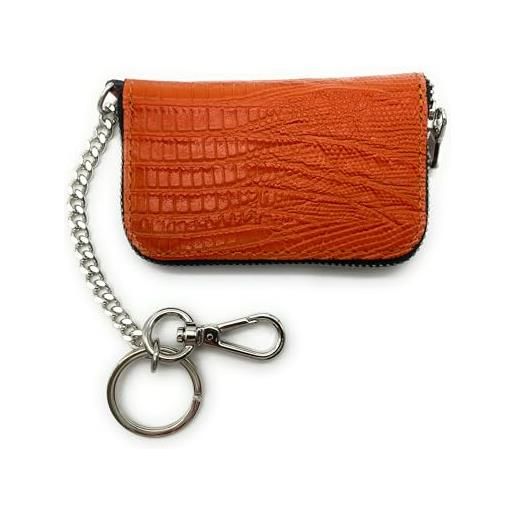 PASSIONE portachiavi borsellino con cerniera- multifunzione - porta-monete-carte-chiavi-auto - catena da appendere in vita - vera pelle - made in italy (arancione)