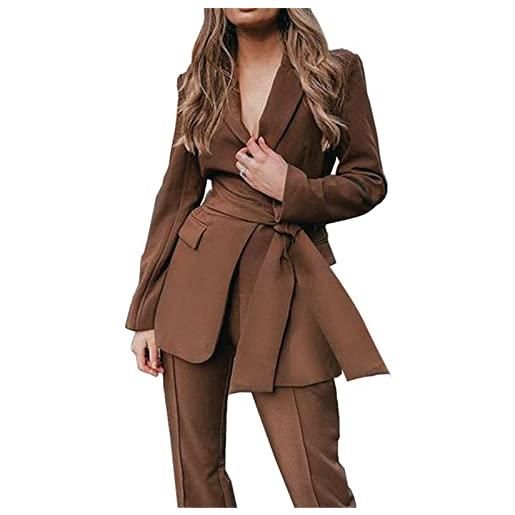BriskyM completo da donna elegante in due pezzi blazer con scollo a v a maniche lunghe solido con cintura in vita + pantalone a gamba dritta (l, marrone)