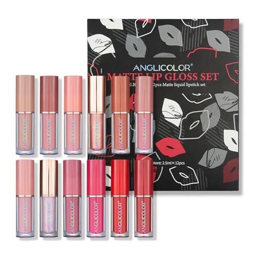 Anglicolor 12 pezzi lucidalabbra vellutato opaco lip gloss set impermeabile rossetto liquido lunga durata labbra (12 colore) (12pc)