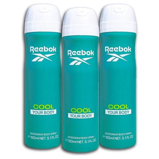 TopDeal reebok cool-your body deodorante spray per il corpo, 3 x 150 ml