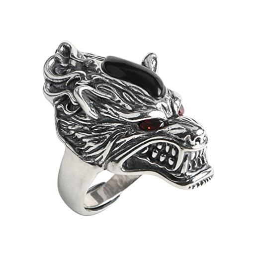 Dsnyu anello in argento 925 con zirconi, da uomo, stile retrò, testa di lupo in argento, misura regolabile, regalo, verstellbar, zirconia cubica