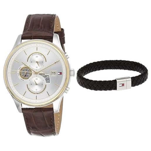 Tommy Hilfiger orologio analogico multifunzione al quarzo da uomo con cinturino in pelle marrone - 1710501 braccialetto da uomo in pelle marrone - 2790330