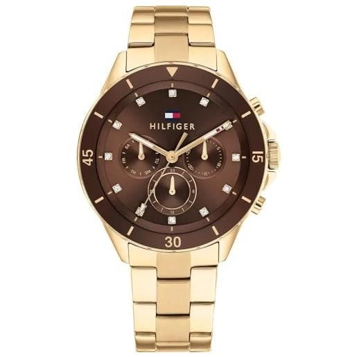 Tommy Hilfiger orologio analogico multifunzione al quarzo da donna con cinturini in acciaio inossidabile, marrone