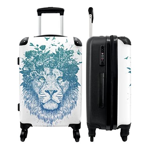 NoBoringSuitcases.com® valigia grande - leone - fiori - uccelli - blu - lucchetto a combinazione tsa - trolley rigido 4 ruote - 90 litri - valigia da viaggio - 66 cm