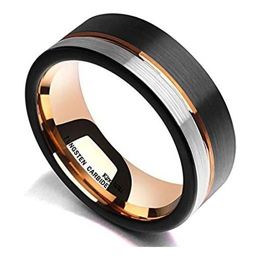 King Will anello in carburo di tungsteno con anello in oro rosa, 8 mm, colore: nero e argento spazzolato, o 1/2(55.7mm), tungsteno, nessuna pietra preziosa