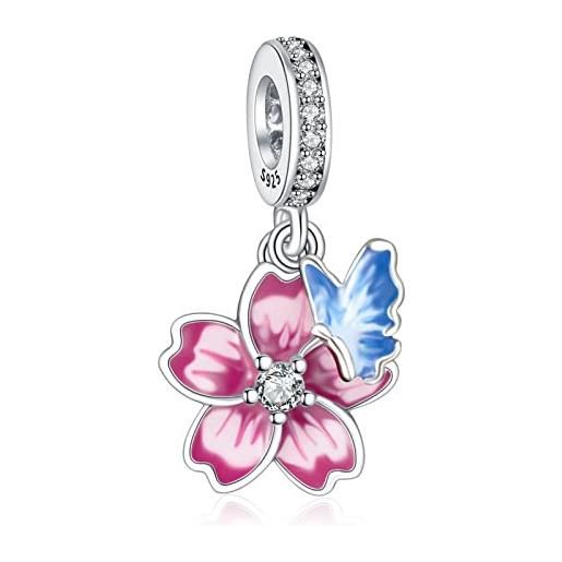 Amuefer fiore & farfalla charm compatibili bracciale collana, argento sterling ciondolo primavera pasqua natale gioielli regali per le donne moglie amici