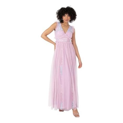 Maya Deluxe maxi dress da donna con scollo a v, maniche corte, con chiusura a coste, in tulle, linea a, da ballo nan, dawn pink, 48