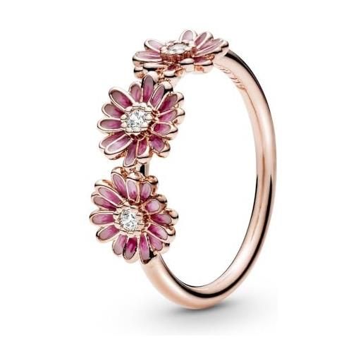 Pandora garden pink daisy flower trio 14k rose gold-plated ring with clear cubic zirconia and shaded pink enamel, 48