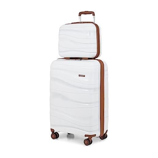 KONO set di 2 valigie rigida 36/55cm trolley e borsa da toilette polipropilene piccolo con tsa lucchetto (bianco crema)