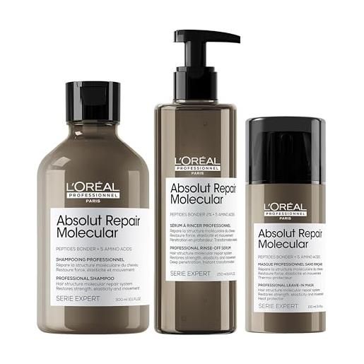 L'Oréal Professionnel routine con shampoo, balsamo liquido e crema senza risciacquo, per tutti i tipi di capelli danneggiati, aiuta a riparare i danni, absolut repair molecular, serie expert