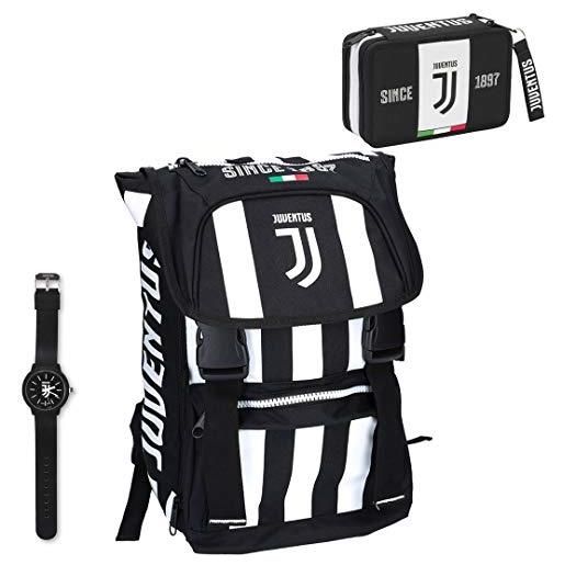 Juventus schoolpack 2019/2020 zaino seven estendibile con astuccio 3 zip completo di cancelleria e orologio in omaggio - 100% originale - 100% prodotto ufficiale