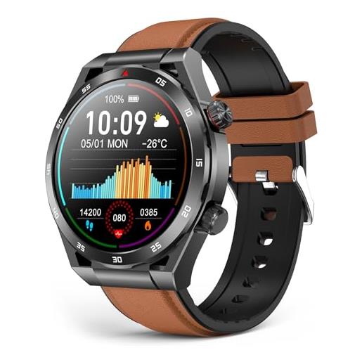 EarlySincere smartwatch uomo donna, orologio fitness con pressione sanguigna/sonno, smartwatch da 1,39, impermeabile ip67 per android ios pelle marrone