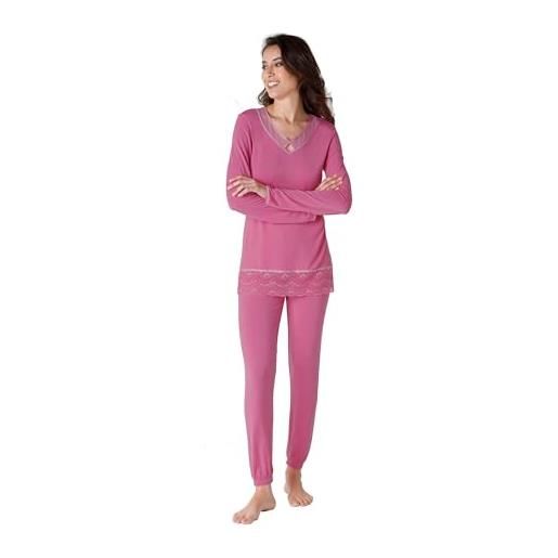 Lovable set di pigiama lungo scollo a v in modal con pizzo donna, rosa orchidea, xl
