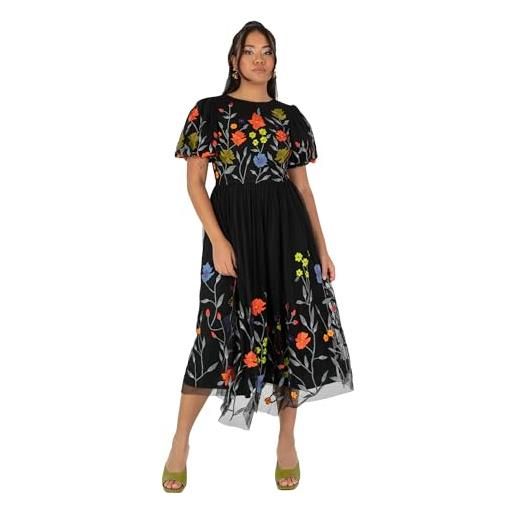 Maya Deluxe women's ladies midi dress black short puff sleeves round neck floral embroidered open back tie a-line occasion evening vestito, 50 donna