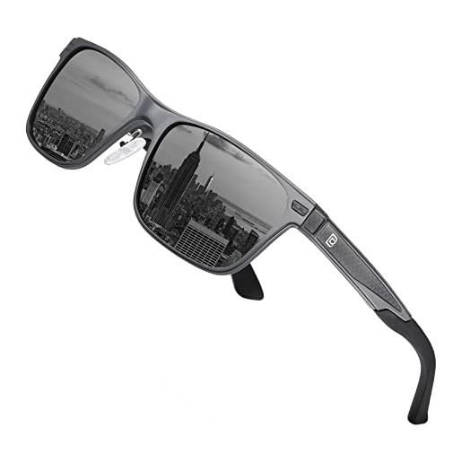 DUCO occhiali da sole polarizzati da uomo vintage telaio in alluminio retrò sport occhiali da sole 100% protezione uv 8207, telaio in canna di fucile, lente grigia