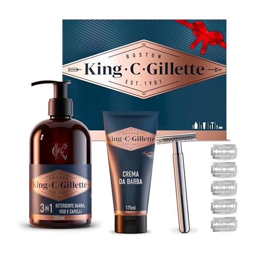 King C. Gillette idea regalo uomo con rasoio di sicurezza, 5 lamette di ricambio, gel e detergente viso barba, confezione regalo set barba uomo professionale