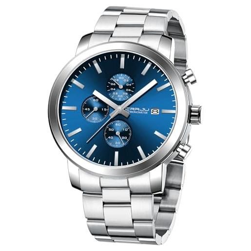 CRRJU orologi per gli uomini di lusso d'affari in acciaio inossidabile impermeabile calendario cronografo analogico al quarzo orologi da polso, s blu argento