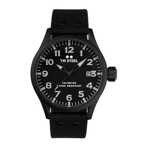 TW Steel volante mens 45mm quartz watch with 3-hands movement and black canvas on leather strap