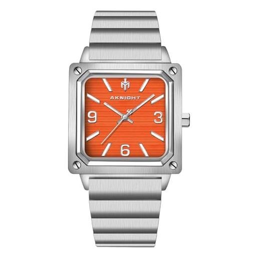 AKNIGHT orologi quadrati da uomo cinturino in pelle, cronografo, elegante orologio da polso casual luminoso impermeabile da uomo, arancione 1499