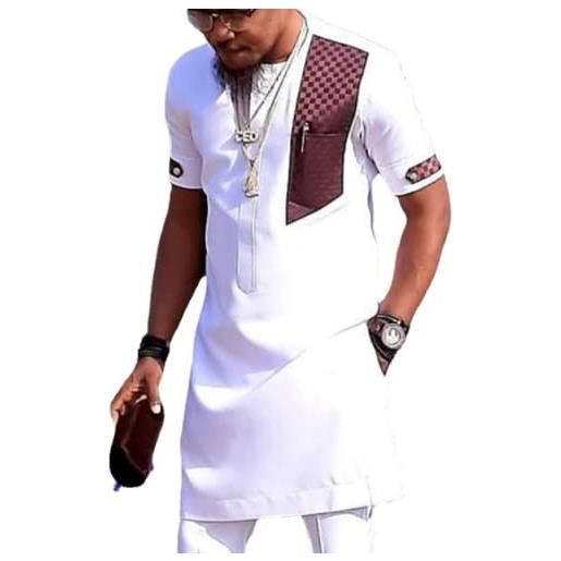 Andiwa vestiti tradizionali africani da uomo in cotone etnico dashiki outfit manica corta pullover tunica caftano camicia slim fit top, bianco, m