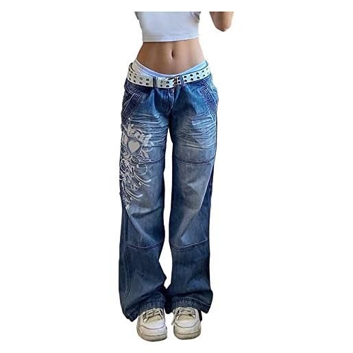 Generic boyfriend jeans per adolescenti y2k jeans baggy a vita bassa, pantaloni cargo vintage, a gamba larga, jeans da donna e-girl harajuku streetwear, blu, s