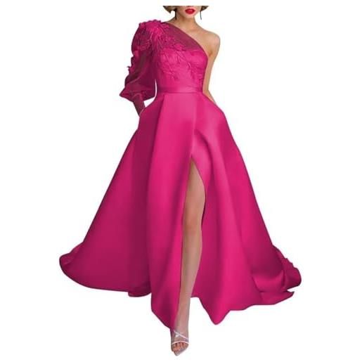 KURFACE una spalla in pizzo applique abiti da ballo manica lunga abiti da sposa raso una linea principessa abito da ballo wsx468, rosso rosato, 50