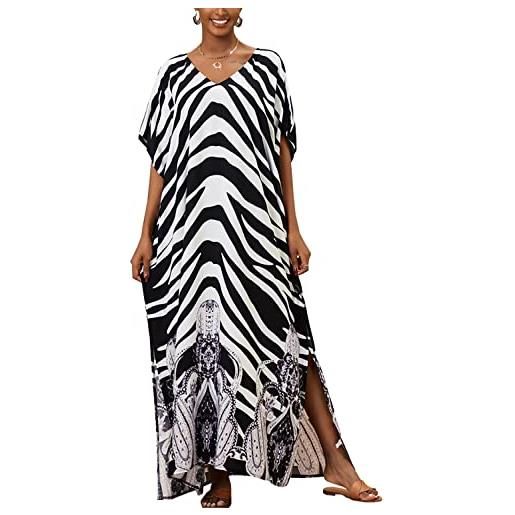 L-Peach donne sciolto kaftan camicia da notte spaziosa homewear oversize maxi costume da bagno copertura ups robes, bianco nero zebra, taglia unica
