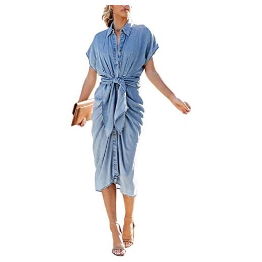 shownicer vestito di jeans donna lungo estivo denim abito scollo a v manica corta vestiti elegnati maxi vestitino jeans casual abiti con tasche e bottone e blu m