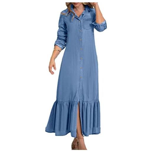shownicer vestito di jeans donna lungo estivo denim abito scollo a v manica corta vestiti elegnati maxi vestitino jeans casual abiti con tasche e bottone e blu m