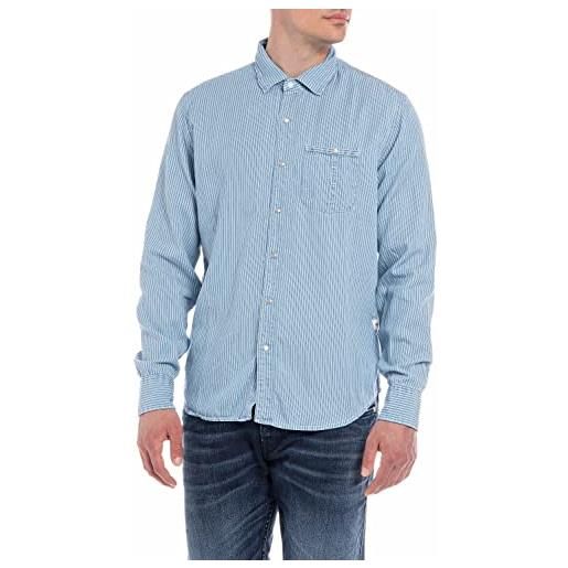 REPLAY camicia uomo manica lunga in misto cotone, blu (light blue/white stripe 010), l