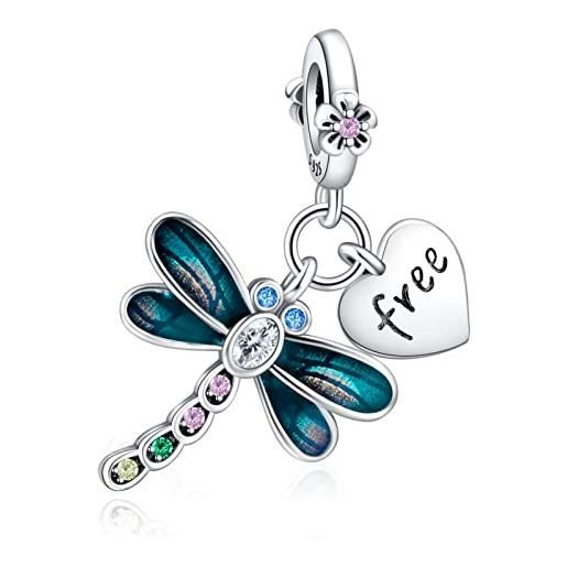 Erizteya free heart & dragonfly dangle charm per donne bracciali collane con 5a cubic zirconia 925 sterling silver pendenti perline natale anniversario gioielli regalo