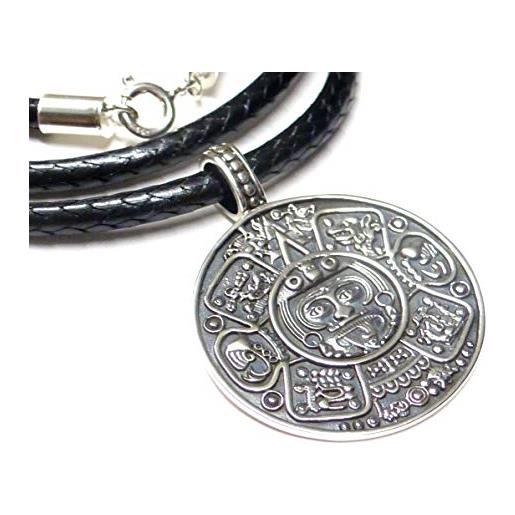 Silberschmuck - BG gioiello da uomo con ciondolo in argento, calendario maya diametro 2,5 cm, incluso nastro in tessuto 55 cm, in argento sterling 925 massiccio, superficie ossidata, simbolo di protezione, regalo per