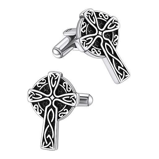 FaithHeart gemelli per camicia abito uomo stile vichingo tecnologia di rilievo 3d rune celtico trinità lupo in argento/nero vintage lucidatura manuale regalo per lei padre ragazzi