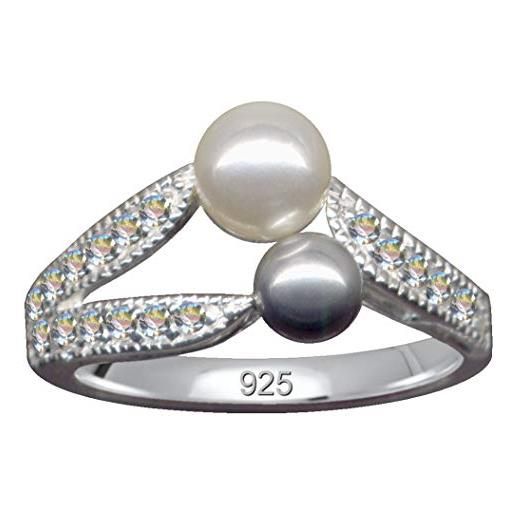 Ringe 925 Silber anello con 2 perle grigie bianche in vero argento sterling 925 con zirconi, misura 15, 17,5 mm, in argento sterling 925, con scritta in lingua inglese amore fede, speranza