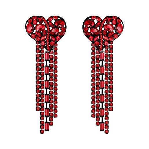 EVER FAITH orecchini a pendente con cuore d'amore per donne ragazze, orecchini chandelier con cristalli di strass rossi e nappe a forma di cuore