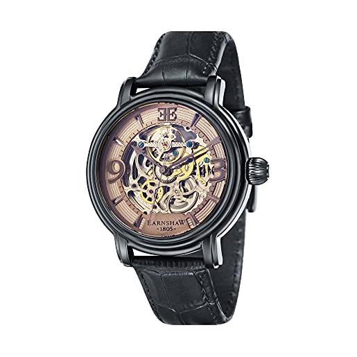 Thomas Earnshaw mens 48mm longcase grande skeleton automatic stormy black watch with open heart dial and genuine leather strap es-8011-08