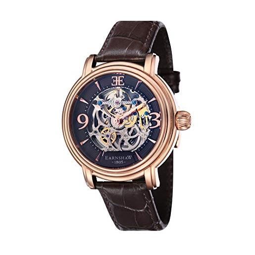 Thomas Earnshaw mens 48mm longcase grande skeleton automatic brandy rose gold watch with open heart dial and genuine leather strap es-8011-07