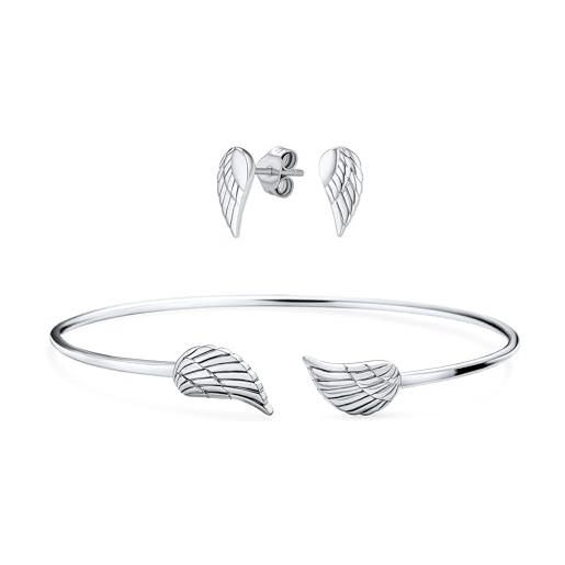 Bling Jewelry orecchini a perno in argento sterling. 925 con ali di angelo piuma e custodia delicata per lobo dell'orecchio e bracciale a fascia per donne adolescenti
