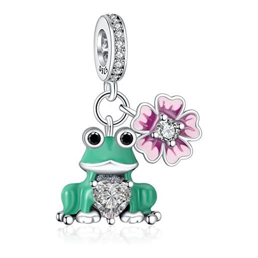 Erizteya frog hugging heart & pink daisies charm per donne bracciali collane con 5a cubic zirconia 925 sterling silver pendenti perline natale anniversario gioielli regalo