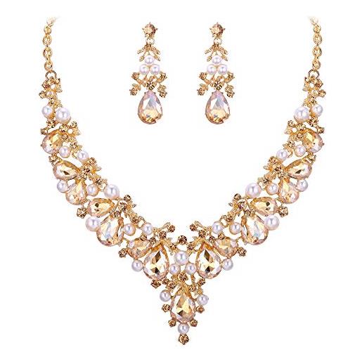 EVER FAITH cristallo perla simulata sposa foglia a goccia forma v set orecchini di collana marrone oro-fondo