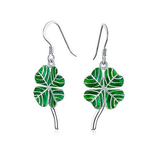 Bling Jewelry orecchini pendenti irlandesi celtici a forma di quadrifoglio fortunato smaltato verde per donne e adolescenti argento sterling. 925 con ganci a forma di pesce. 