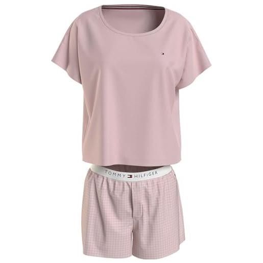 Tommy Hilfiger set pigiama donna jersey corto, rosa (whimsy pink / grid check pink), xl