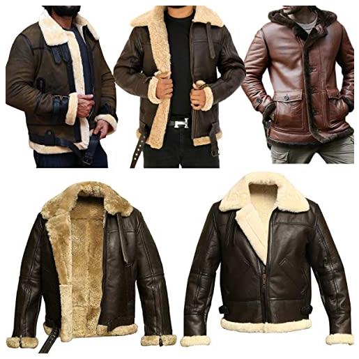 EU Fashions b3 bomber pelle di pecora shearling giacca in pelle di pecora raf aviator fighter pilots ww2 giacca di pelliccia invernale per gli uomini, marrone - giacca in shearling b3, l