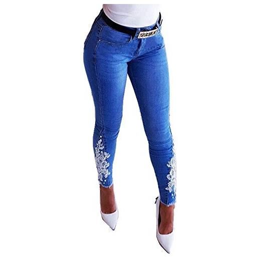 Boan - leggings da donna slim in jeans, elasticizzati, taglia normale, decorato con fiori e perle, pantaloni dimagranti blu xl