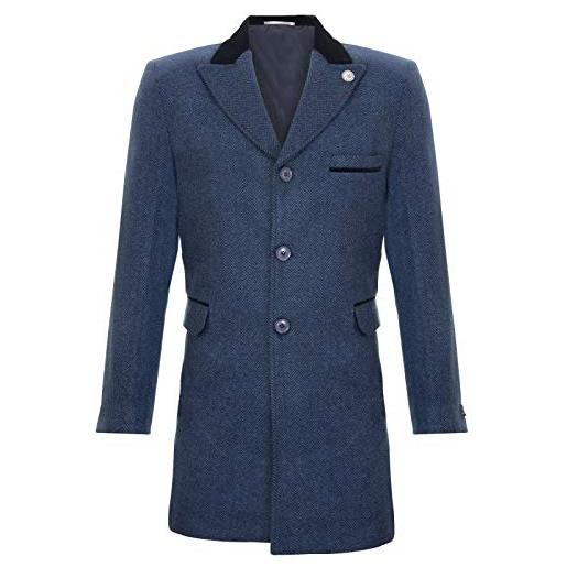 Tru Clothing cappotto da uomo lungo 3/4 blu scuro caldo in tweed a spina di pesce 46